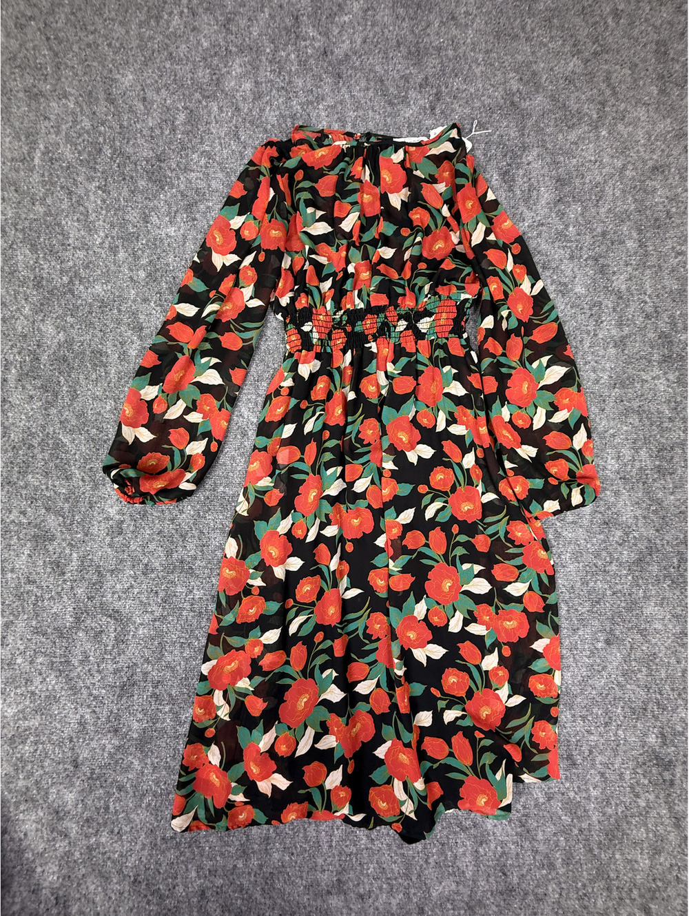 Floral Long Sleeve Midi Dress with Smocked Waist